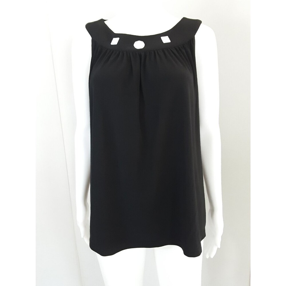 Plus Size LE BOS Womens Black Sleeveless White Embellished Neck Blouse Top Sz 14